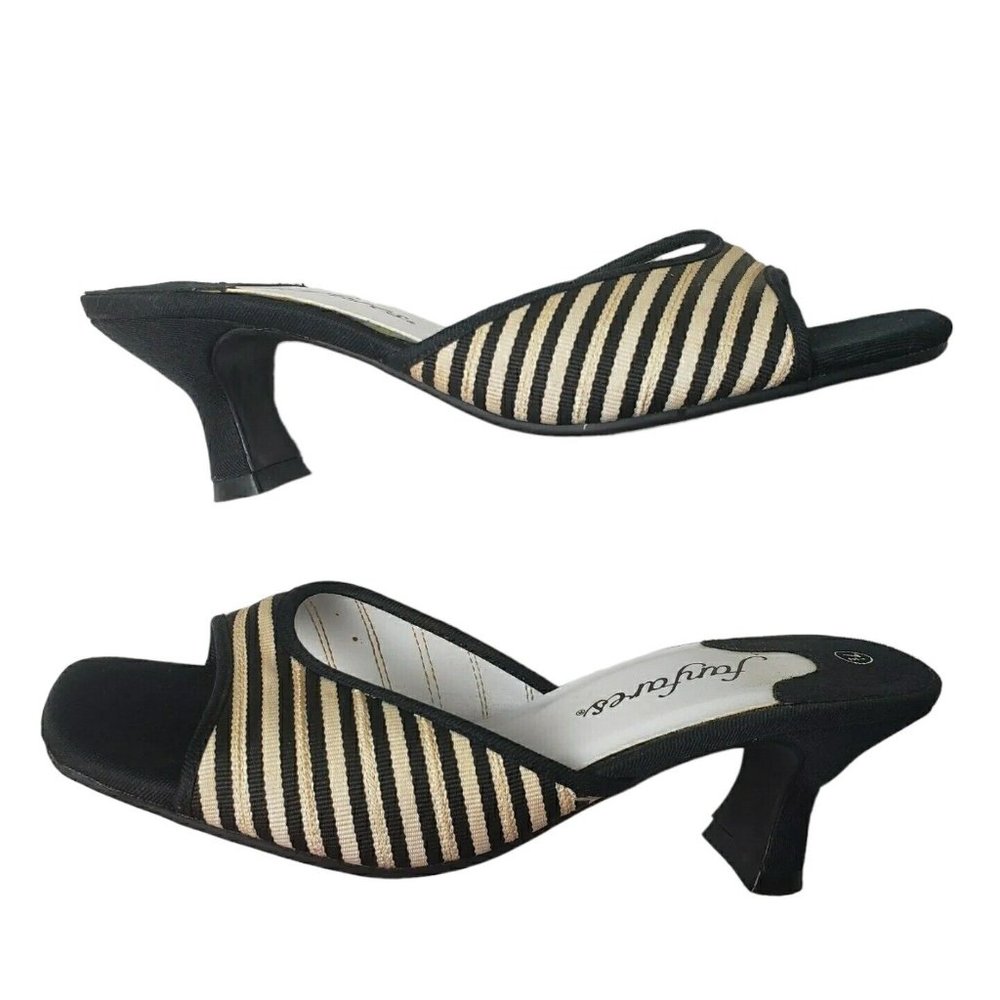 Fanfares Women's Slingback Shoes Size 7.5 Black White Striped Open Toe Heel